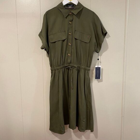 tommy hilfiger olive green dress Tommy Hilfiger Olive Green Tiered Sleeveless Ruffled Short Dress Logo Size S
